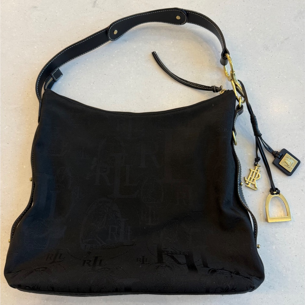 Lauren Ralph Lauren Black Monogram Jacquard Hobo Shoulder Bag Gold Hardware